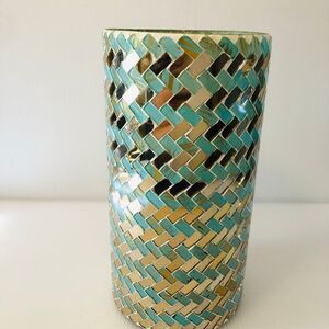 Candle Holder Vase Mosaic Mirror Pale Green Gold Tones Coastal Beachy Nautical